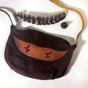 Vintage Suede Brown Purse with Flower Accents